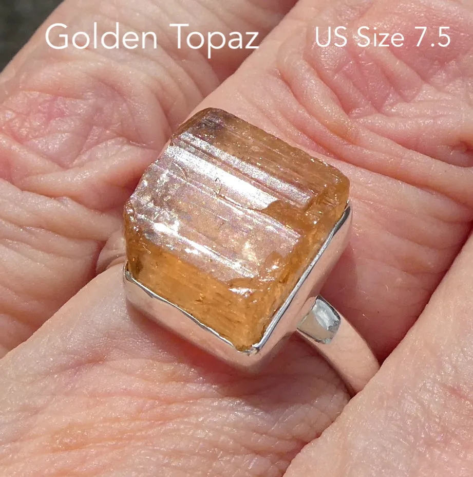 Topaz Ring, Golden, Raw Crystal, Size 7.5, 925 Silver, r6