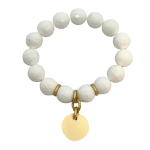 White Jade Stretch Bracelet with Matte Gold Disc Charm